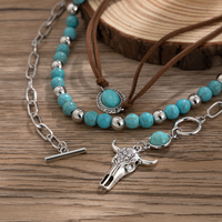3 Pcs/Set Vintage Turquoise CCB Perles Ox Head Pendentif Collier pour Femmes Trendy Ladies Stacked Choker Fashion Jewelry Accessories