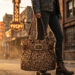 Grand sac fourre-tout vintage à imprimé léopard, sac à main seau pour femme avec garniture en PU effet croco, à porter à l'épaule ou en bandoulière, idéal pour le quotidien, les voyages et le travail - Product Image 1