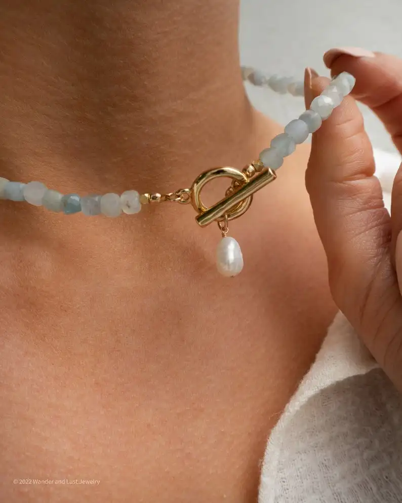 Zooying Dainty Apatie Stone Gemstone Necklace with Baroque Freshwater Pearl Necklace Fine Jewelry