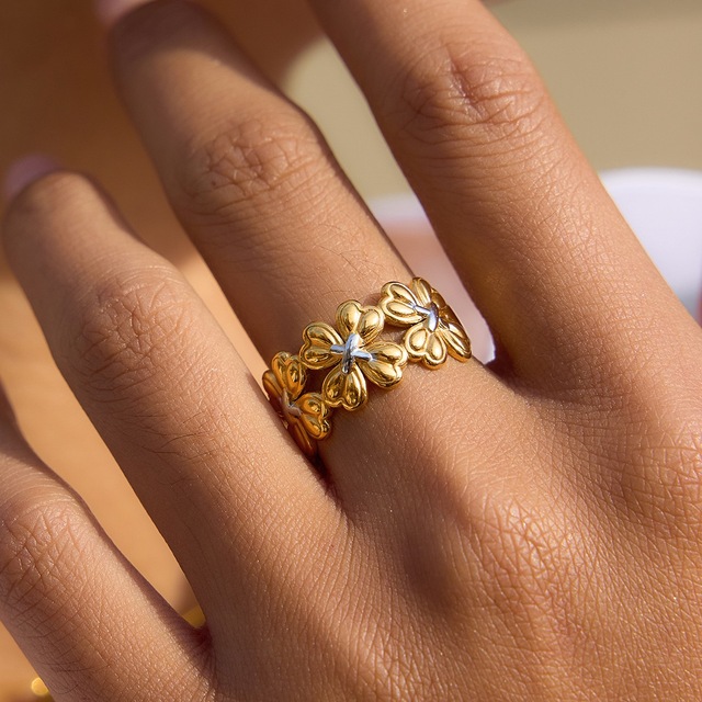 Trendy Floral Open Ring for Women 18K Gold Adjustable Bloom Dainty Stackable Jewelry Waterproof Everyday Wear