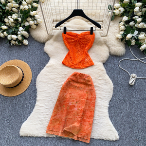 Set atasan tanpa tali berenda musim panas dan rok midi bodycon pinggang tinggi, pakaian liburan manis dua potong - Product Image 1