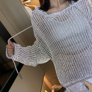 T-<span class=keywords><strong>shirt</strong></span> tricoté personnalisé pour <span class=keywords><strong>femme</strong></span>, <span class=keywords><strong>à</strong></span> manches longues, <span class=keywords><strong>à</strong></span> capuche, uni, respirant, écologique, avec motif étoile scintillante et découpes - Product Image 3