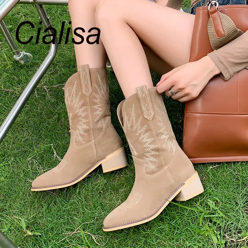Cialisa Brown Camel Cow Suede Women Shoes Mid- Calf Bottes Femme Square Heels 2022 Fashion Winter Cowboy Boots For Women