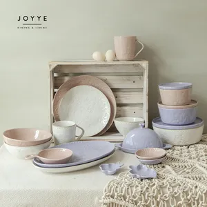 JOYYE Elegant French Style Kitchen Table Tablerware Set Purple Pink White Embossed Ceramic Dinner Plate Dinnerware