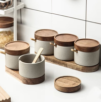 Japanese Vintage Style Kitchen Round Shape Pepper Sugar Salt Ceramic Seasoning Jar Set with Wooden Lid