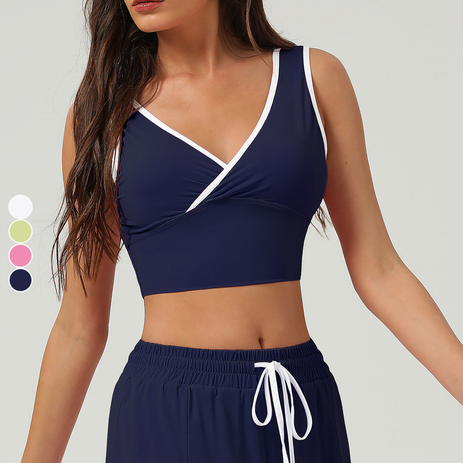 Cool Sun-Protective Sports Bra for Ladies Beautiful Back Yoga Wear with Crossed V-Neck Contrasting Colors