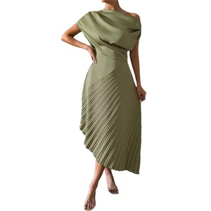 Robe longue plissée décontractée à manches courtes pour femme, en satin couleur unie, coupe ajustée et asymétrique, idéale pour les soirées et clubs – Collection Printemps-<span class=keywords><strong>Été</strong></span> - Product Image 6