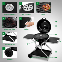 Barbecue au charbon de bois moderne haut de gamme 22,5 pouces avec table latérale, grille chauffante, roues et étagère de rangement inférieure, finition émail noir