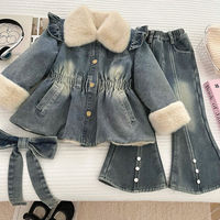 Ensemble de vêtements d'hiver pour petites filles, veste en jean doublée de polaire avec col en fourrure et pantalon évasé à perles, 2 pièces