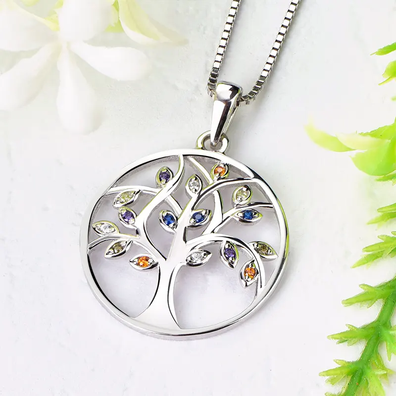 Top selling rainbow colored cz 925 sterling silver charm tree of life pendant stone friendship jewellery necklace silver gold