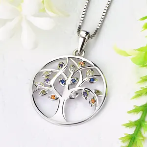 Top Selling Rainbow Colored Cz 925 Sterling Silver Charm Tree Of Life Pendant Stone Friendship Jewellery Necklace Silver Gold