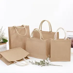 Vente en gros de grand sac fourre-tout en toile de jute recyclée naturelle réutilisable sac fourre-tout en jute personnalisable et écologique sac à provisions avec logos