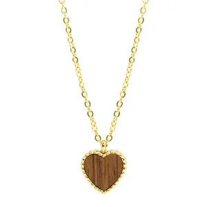 Custom necklace stainless steel heart shape wooden pendants gold plated necklace set for women wearing accessories