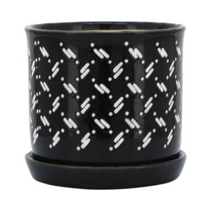 Vasi moderni in ceramica per piante con motivo a pois bianchi, set di due vasi neri per interni ed esterni con sottovasi. - Product Image 4