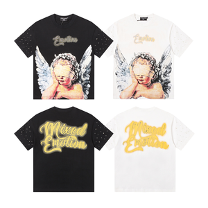 เสื้อถักสไตล์สตรีทใหม่ MIXED EMOTION ระบายอากาศได้ดี ทรงโอเวอร์ไซส์ พิมพ์ลาย แขนเสื้อประดับหมุด สำหรับผู้ชายและผู้หญิง แขนสั้น ผ้าฝ้าย/ใยไผ่ - Product Image 1