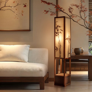 Lampe de sol carrée en bois massif avec peinture feuille de bambou, source lumineuse LED, commande par interrupteur, style zen rétro, pour salon ou salle de thé - Product Image 4