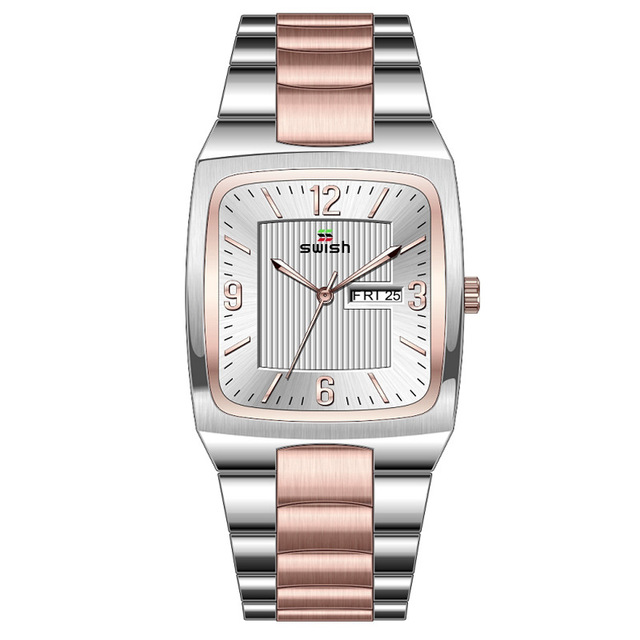 SWISH SW0135 Men's Quartz Watch Rectangular Dial Stainless Steel Strap Automatic Calendar Simple Wind Waterproof Men's Watch