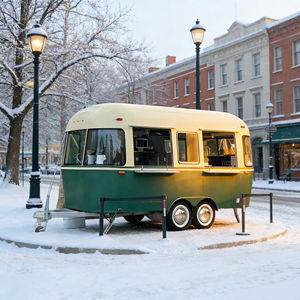 รถเข็นขายของเคลื่อนที่สแตนเลส 4 ล้อ สีเขียวและครีม พร้อมดีไซน์วินเทจ สำหรับขายไอศกรีมและอาหารในเมือง - Product Image 5