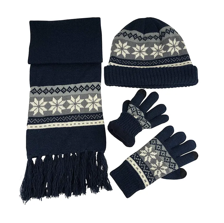 Winter Warm Fleece Lining Bulky Cable Knit Snowflake Design Hat Scarf Gloves 3PC Set