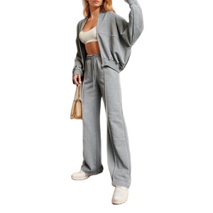Set Due Pezzi Casual <span class=keywords><strong>in</strong></span> Pile Polycotton per <span class=keywords><strong>Donna</strong></span>, Personalizzabile, Felpa con Zip e Pantaloni a Gamba Larga, OEM ODM - Product Image 1