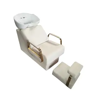 2023 New Hair Salon Equipment Classic Beige&Gold Shampoo Station Backwash Chair With Ceramic Bowl 10 Year Warranty