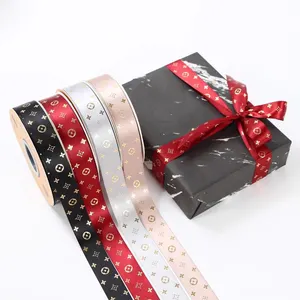 2.5Cm 1Inch 50Yards Thiết Kế Sang Trọng Grosgrain Lá Vàng In Satin Ribbon Cuộn Cá Nhân Trang Trí Quà Tặng Hoa Gói