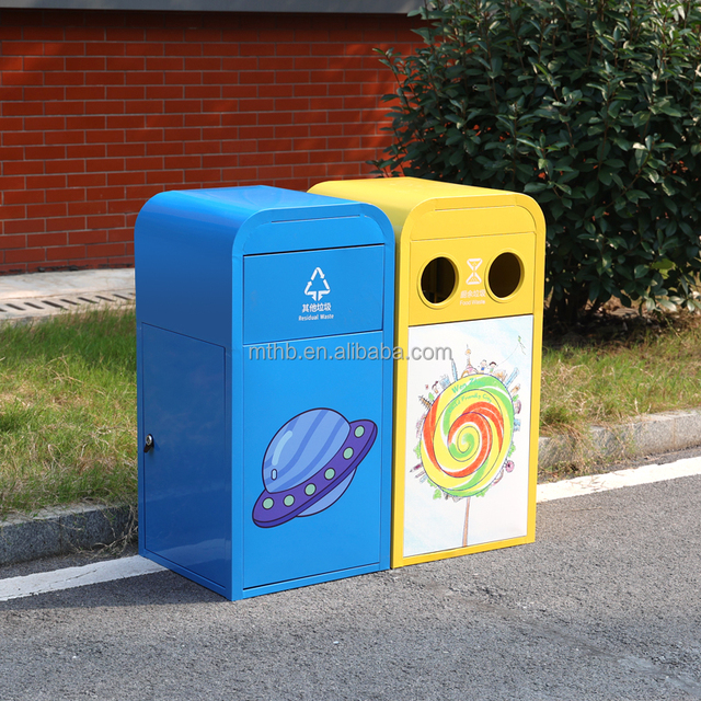 Large Amusement Park Dustbin Cute Galvanized Metal Steel Classified with Lid Cartoon Trash Cans School Outdoor Trash Can