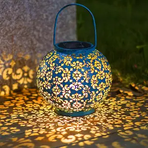 Garten im Freien große blaue Metall wasserdichte LED dekorative Tisch lampe Solar Hänge laterne