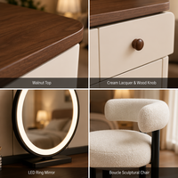 Meuble-lavabo moderne en forme de L avec plateau en noyer |   Miroir LED rond à 6+2 tiroirs et chaise Boucle (bois massif multicouche)