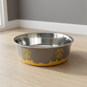 Gamelle antidérapante écologique Splash pour chien, pour usage extérieur, combinaison jaune et gris, base en silicone à motif patte, acier inoxydable - Product Image 5