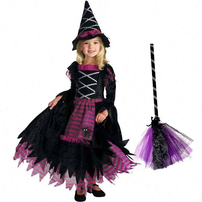 Nuevas ideas de productos 2022 disfraz de bruja de cuento de hadas de fiesta de lujo de Halloween para niñas con sombrero de bruja