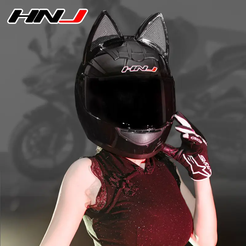 HNJ helm telinga kucing sepeda motor listrik pria dan wanita mode lucu helm lengkap sepeda motor balap papan seluncur