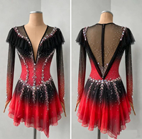 Robe de patinage artistique à manches longues à volants dégradé rouge et noir, avec strass en maille pour enfants et adultes, pour compétition et performance sur glace