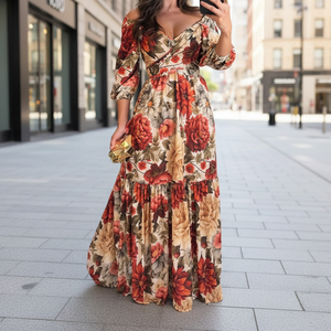 <span class=keywords><strong>Abbigliamento</strong></span> Femminile Primaverile, Nuovo Stile Vintage Elegante con Stampa Floreale, Scollo a V, <span class=keywords><strong>Taglie</strong></span> <span class=keywords><strong>Forti</strong></span>, Abiti in Stile Cinese - Product Image 1