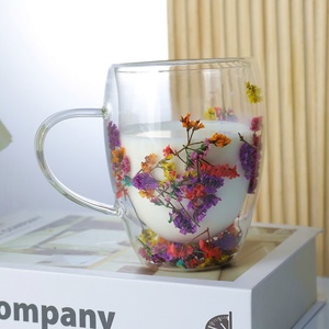 Tasses à thé <span class=keywords><strong>en</strong></span> <span class=keywords><strong>verre</strong></span> à double paroi isolées, résistantes à la chaleur, 300 ml, avec poignée, transparentes, fleurs séchées, mug à café pour expresso, latte - Product Image 4