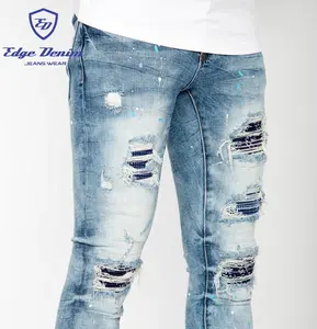 Edge牛仔中国供应商最新时尚彩绘拼布蓝色摩托人造钻石牛仔裤男士莱茵石牛仔裤