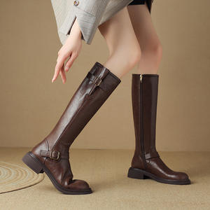 Bottes de chevalier rétro françaises automne/hiver avec boucle ronde et fermeture éclair latérale, bottes hautes western pour femmes - Product Image 6