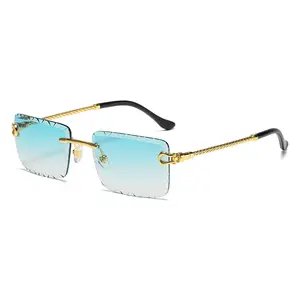 HBK 2024 Unisex Square Rimless Fashion Sunglasses with Ocean Green Gradient Lenses Golden Alloy Frame
