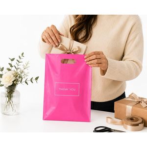 Pink Plastic Shopping <b>Bags</b> 9x12 Die Cut Handles Thank You Boutique Gift <b>Bags</b> for <b>Small</b> Business Retail 50 Count - Product Image 1