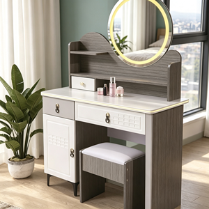 Modern Makeup Vanity <b>With</b> Lighted Round Mirror Storage <b>Drawers</b> And Cabinet Bedroom <b>Dressing</b> <b>Table</b> <b>With</b> Stool - Product Image 6