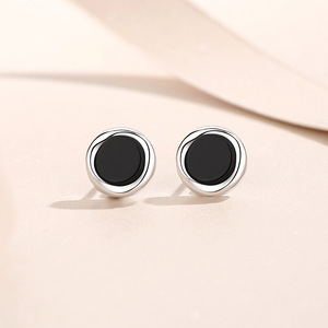 S925 Sterling Silver Round Black <b>Onyx</b> Bezel Set Stud <b>Earrings</b> Minimalist Classic Trendy Daily Fine Jewelry For Women And Men - Product Image 4