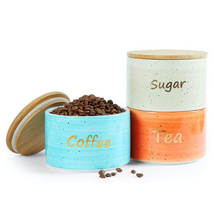 Pintado a mano cerámica decoración almacenamiento hermético tarros para café té con azúcar personalizado tapa de Bambú - Product Image 1