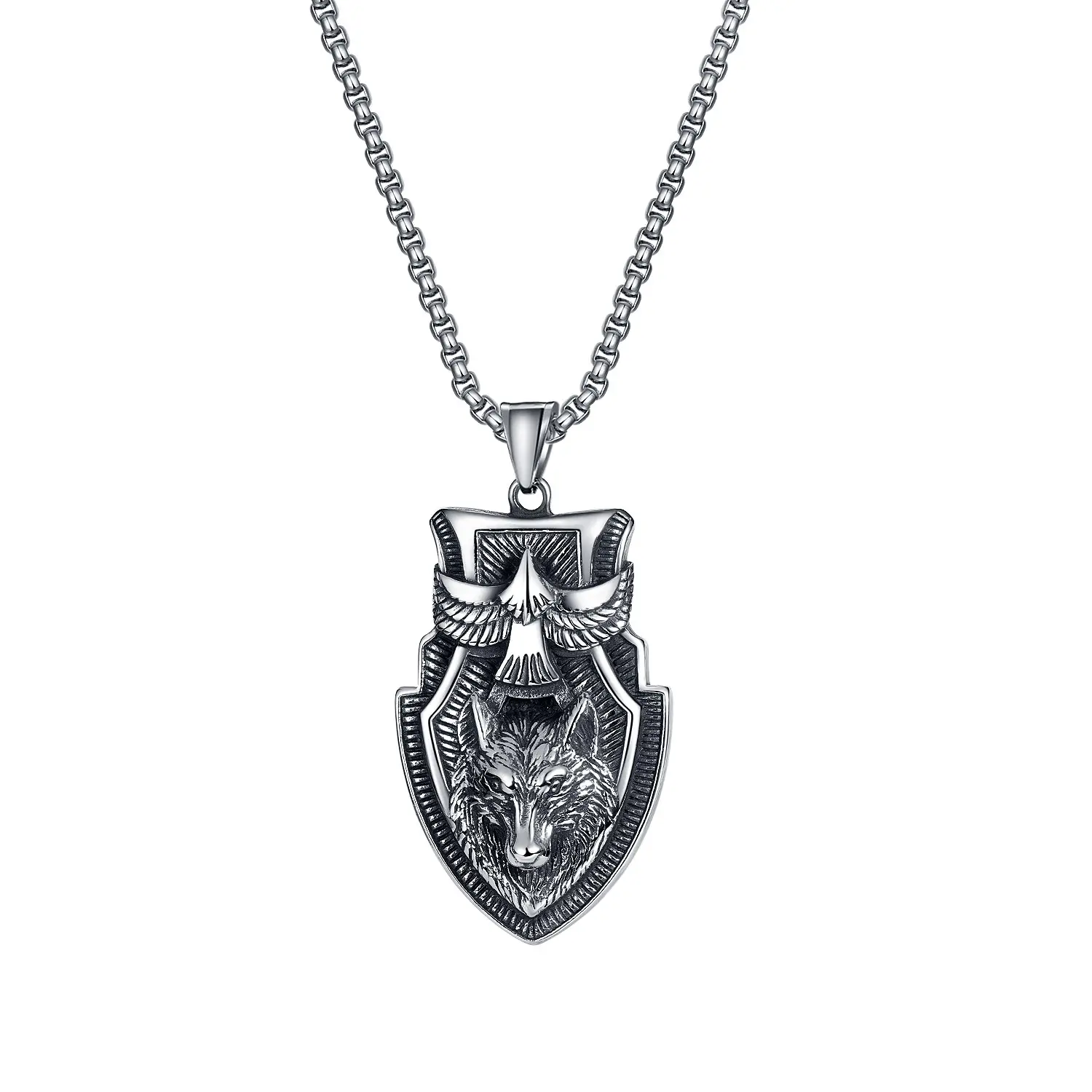 Hip Hop candado grabado águila Coyote collar 316 cabeza de Lobo de acero inoxidable triángulo invertido Colgante vikingo collar