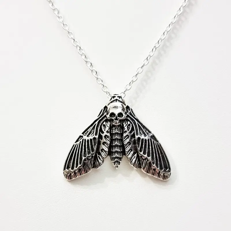 Gothic Jewelry Punk Goth Style Silver Death Head Insect Animal Hawkmoth Moth Statement Earrings and Skull Pendant Necklace