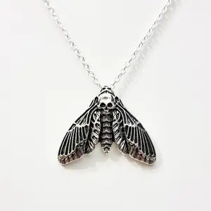 Gothic Jewelry Punk Goth Style Silver Death Head Insect Animal Hawkmoth Moth Statement Earrings and Skull Pendant Necklace