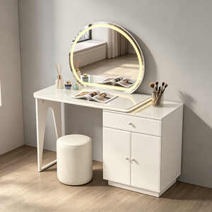Tocador de maquillaje moderno blanco con espejo LED redondo, gabinete de almacenamiento con superficie de mármol y taburete, mesa de tocador para dormitorio - Product Image 2