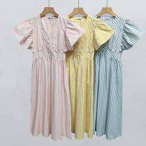 Robes pour femmes de haute qualité personnalisées OEM/ODM, mode simple, couleur unie, rayées, manches bouffantes, robes midi décontractées - Product Image 1