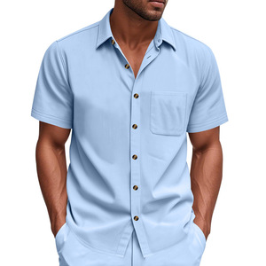 Chemise d'été pour homme transfrontalière à manches courtes, couleur unie, respirante, décontractée, col tissé, grande taille - Product Image 4