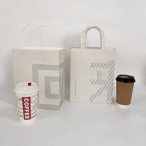 Sacs en papier kraft recyclé blanc et brun avec poignées, imprimés du logo, pour supermarché, promotion et vente à emporter - Product Image 6