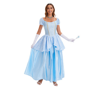 Vestido de princesa Cenicienta, vestido largo azul con guantes, disfraz de Cosplay para mujer adulta, talla grande - Product Image 3